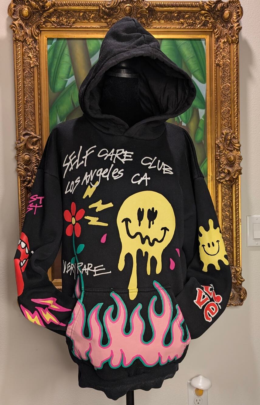 PacSun Self Care Club Melting Smiley Flame Graphic Fleece Hoodie Black Mens Sm